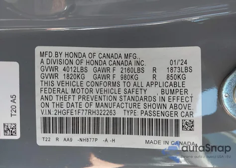 2024 Honda Civic Ex from USA, damaged, VIN 2HGFE1F77RH322263